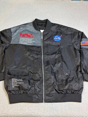 NASA Bomber Jacket Mens Size 3XL Black Measured Full Zip Space Rocket Casual